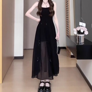 松本赫本风高级感蝴蝶结吊带裙女夏显瘦垂感收腰黑色连衣裙丧丧