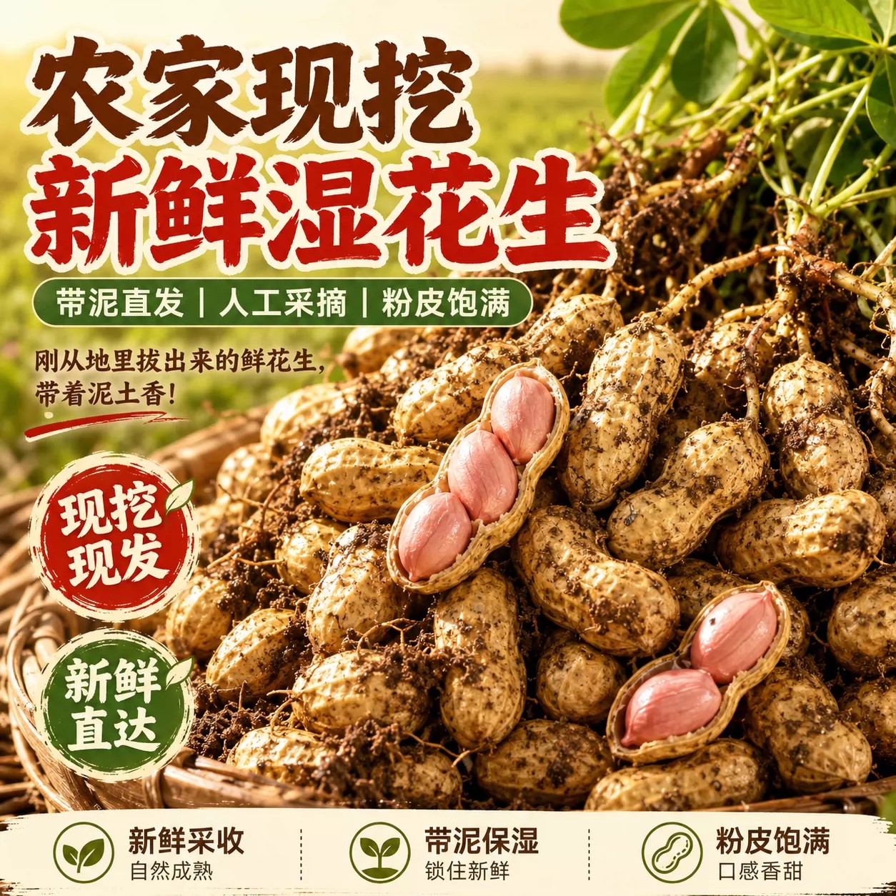 新鲜现挖带壳花生鲜嫩粉皮湿花生带泥花生可水煮农家自种粉嫩水足