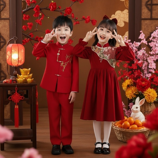元旦中国风儿童演出服红色合唱表演服中小学生爱国朗诵比赛拜年服