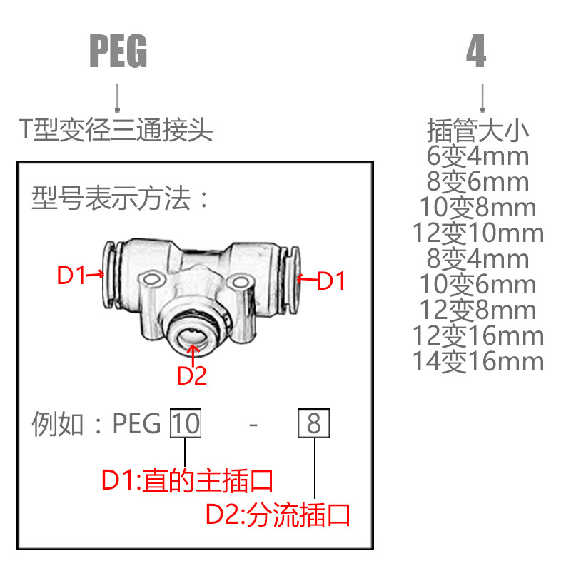 快速接头  t型塑料三通变径peg6-4/8-6/10-8/12-10/8-4/10-6/12-8