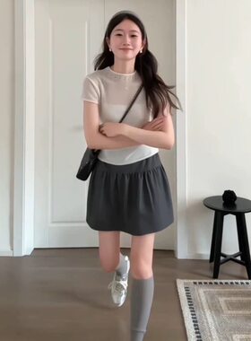 夏日懒人套装女薄款微透短袖圆领体恤上衣灰色宽松显瘦短裙两件套