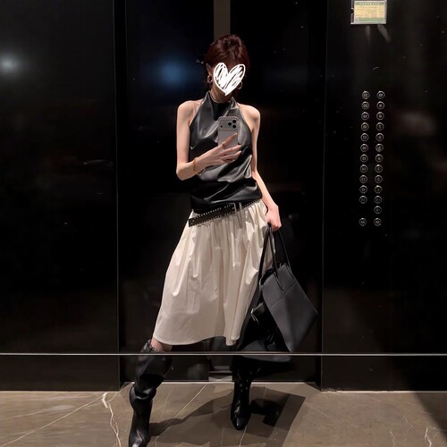 夏日韩系chic穿搭小个子又a又飒洋气减龄黑色皮上衣半身裙套装女