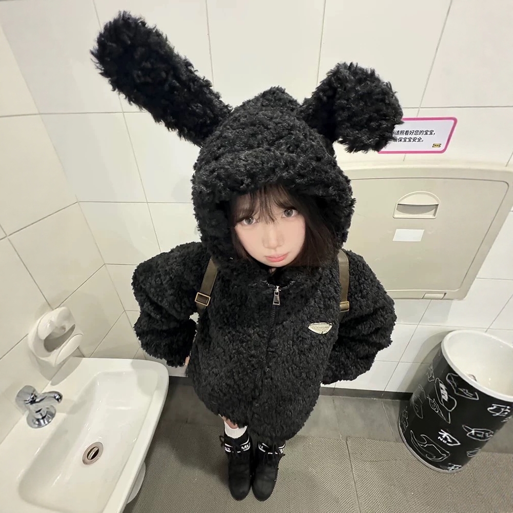 2025新款兔耳朵仿羊羔毛外套女短款修身显瘦环保毛棉服上衣学院风