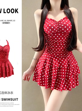 韩国ins甜美小胸聚拢泳装波点露背挂脖裙式女连体泳衣度假泡温泉