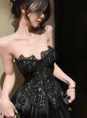 纯欲黑色蕾丝拼接抹胸背心女鱼骨胸衣内搭性感带胸垫上衣外穿夏季