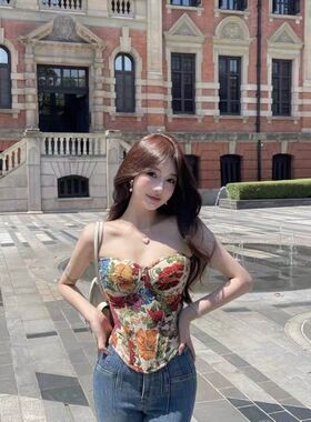 2025新款外穿法式复古碎花鱼骨胸衣吊带背心女装夏季短款内搭抹胸