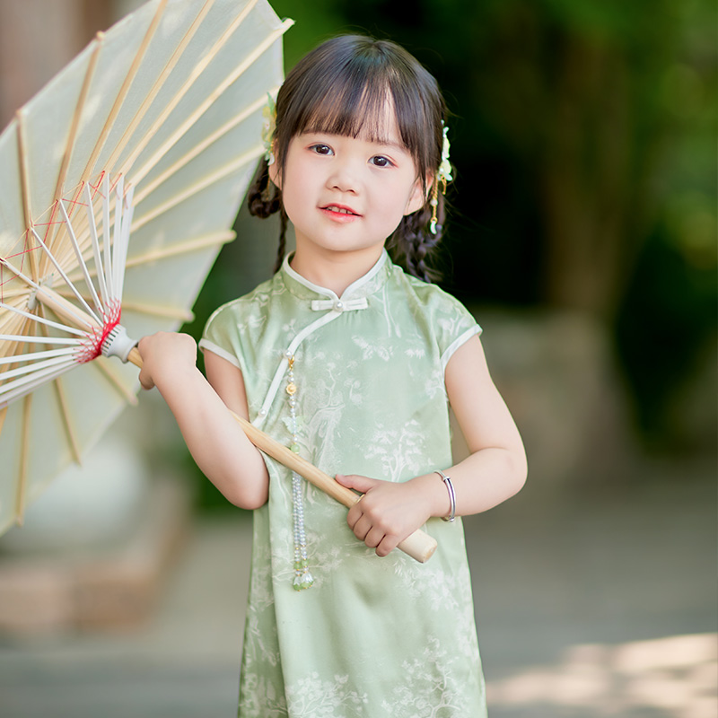 萌乎.夏无眠 女童真丝旗袍儿童改良新中式唐装宝宝高端礼服抓周服