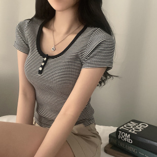 Stripe Three Button 美式 Neck 条纹三粒扣圆领T恤 Round Tee 夏季