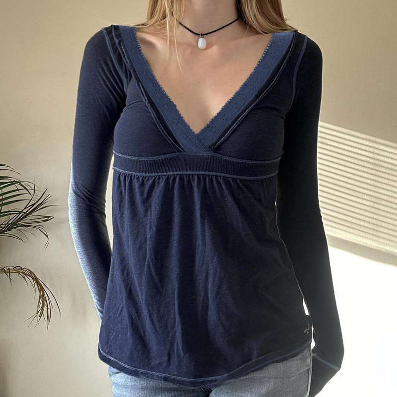 秋季纯色V领娃娃衫长袖T恤 Solid V-Neck Babydoll Long Sleeve