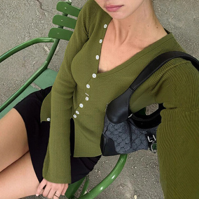 欧美辣妹单排扣修身显瘦V领长袖