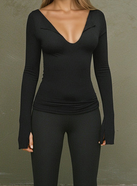 秋季黑色翻边V领修身T恤 Black Fold Over V-Neck Slim Fit Tee