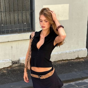 Collar Spread Sheer Short Shirt 排扣翻领镂空短袖 Sleeve 衬衫