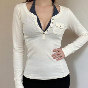 Halter Long Sleeve 秋季 Patchwork 口袋拼接 Pocket Set 挂脖长袖