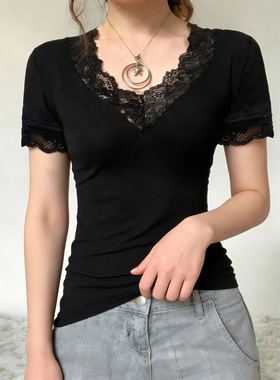 Niche casual black slim-fit top美式辣妹复古蕾丝花边V领短袖女