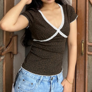 Lace Sleeve 蕾丝V领印花短袖 Tee Short T恤 Print 夏季 Neck
