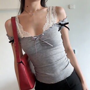 2026新品法式少女纯欲蝴蝶结蕾丝拼接背心设计百搭假两件休闲上衣