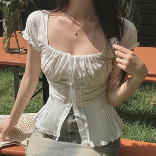 Square White Neck Bubble Cinched 夏季 Sleeve 白色方领收腰T恤