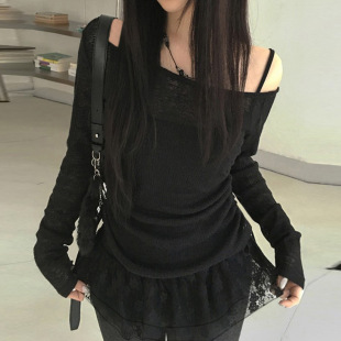 T恤 Off Shoulder 秋季 Sleeve 显瘦长袖 Long Top 甜辣斜领露肩修身