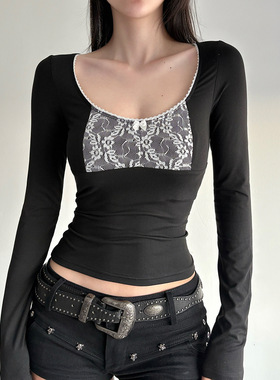 蕾丝拼接圆领T恤 Lace Patchwork Round Neck Long Sleeve Tee