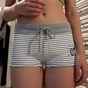 Slimming drawstring casual pants夏季欧美系带字母印花条纹短裤