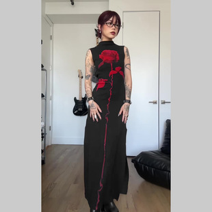 Rose Maxi Stand Backless Dress Collar 玫瑰花朵立领露背长裙