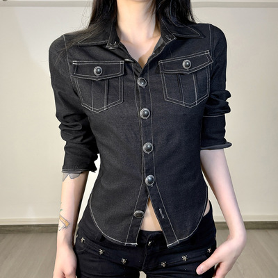 秋季美式复古辣妹工装风口袋翻领