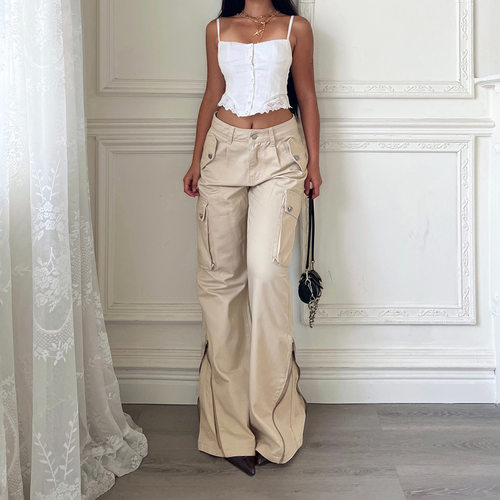 跨境美式复古拉链工装长裤辣妹秋