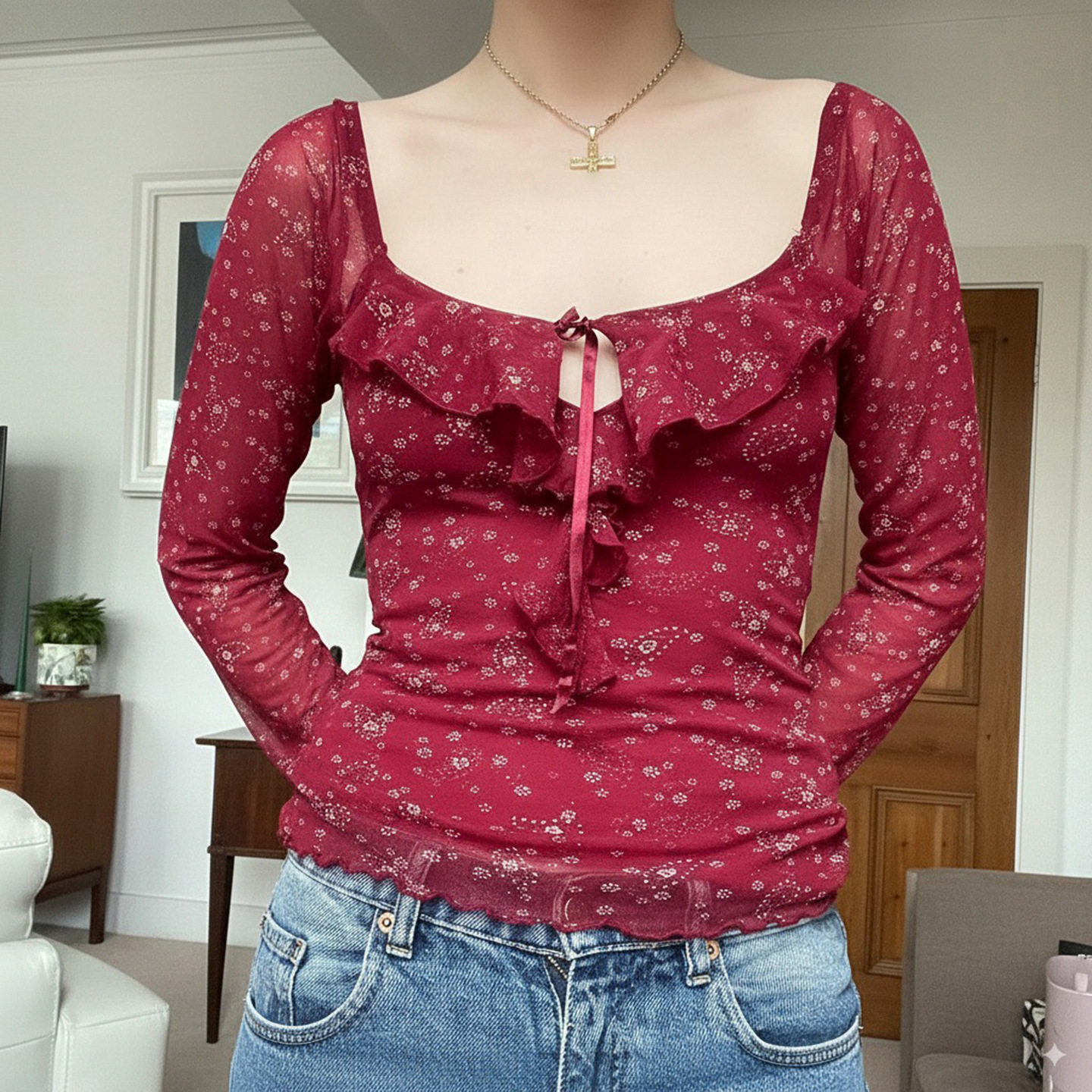 秋季碎花方领荷叶边系带T恤 Floral Square Neck Ruffle Tie Tee