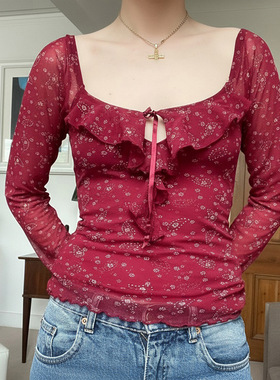 秋季碎花方领荷叶边系带T恤 Floral Square Neck Ruffle Tie Tee