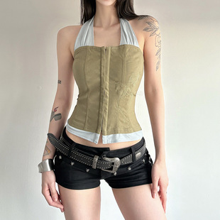 Halter 夏拼色假两件U领挂脖背心Colorblock Neck Cami Layered