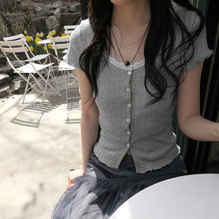 Button Lace Ruffle Short Tee 灰蕾丝排扣木耳边T恤 Sleeve Gray
