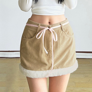 Edge Tie Corduroy Rise Skirt Low 秋冬毛边灯芯绒低腰系带裙Raw