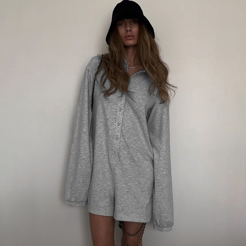 排扣宽松长袖连体短裤 Button Polo Loose Long Sleeve Jumpsuit