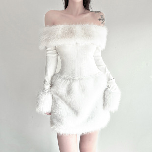 Fur Faux Off Shoulder Dress 冬季 Knit 毛毛拼接一字肩针织裙
