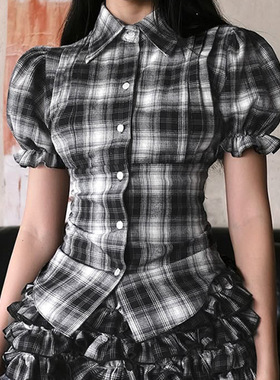 泡泡袖格纹短上衣 Spread Collar Bubble Sleeve Plaid Crop Top