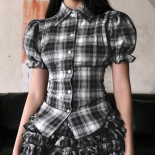 Collar Bubble Sleeve 泡泡袖 Crop Spread Plaid Top 格纹短上衣