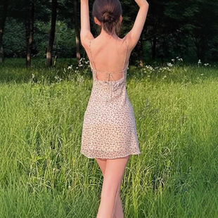 碎花露背网纱吊带裙 Halter Floral Mesh Dress Backless 辣妹夏季