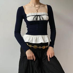 Contrast Square Neck 秋季 Sleeve T恤 Long Tee 撞色方领长袖