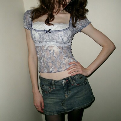 美式复古小碎花网纱性感微透假两