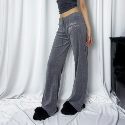 跨境秋冬新品烫钻印花丝绒长裤个