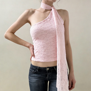 Lace Pink Halter Off Cami 春季 Shoulder 粉色蕾丝挂脖斜领背心