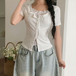 Bow Tie Lace 夏季 Sleeve T恤 Short Tee 蝴蝶结系带蕾丝短袖