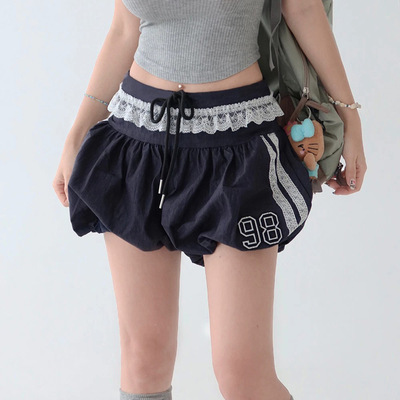 夏季辣妹蕾丝边拼接撞色美式运动