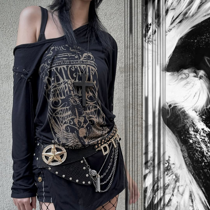 Knitwear loose casual T-shirt暗黑风复古印花露肩长袖针织衫女