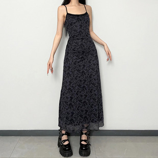 Halter 暗黑碎花网纱吊带裙收腰显瘦 Mesh Floral Dress Black