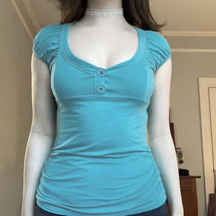 Button Bubble Sleeve 夏季 Neck 圆领T恤 Round Tee 排扣泡泡袖