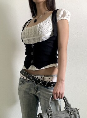 黑色不规则排扣紧身马甲 Black Asymmetric Button Slim Vest