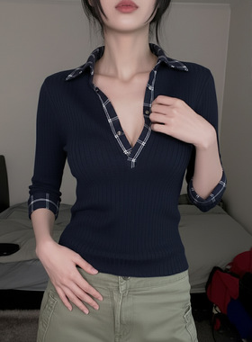 格纹翻边V领长袖T恤 Plaid Fold Over V-Neck Long Sleeve Tee