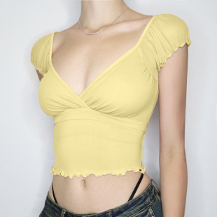 Ruffle Pleated Neck Tee 纯色褶皱木耳边V领短款 Crop T恤Solid