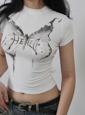 Printed niche fashion short sleeve美式蝴蝶印花小众时尚短袖女